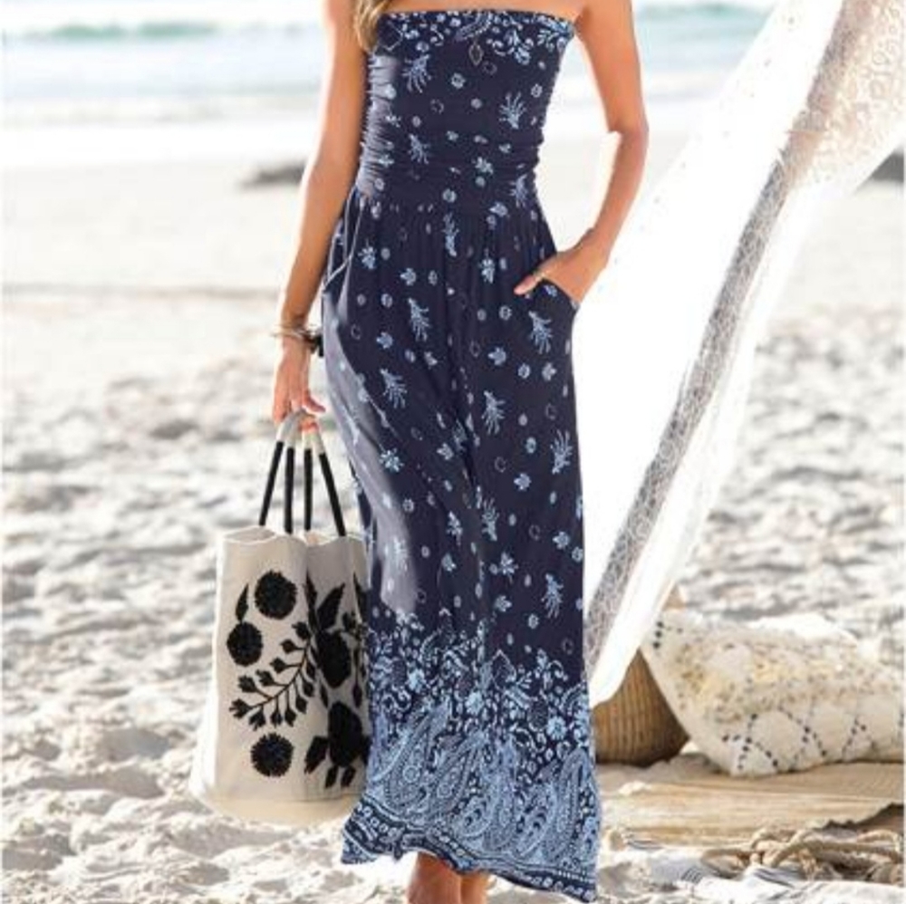 Strapless print maxi